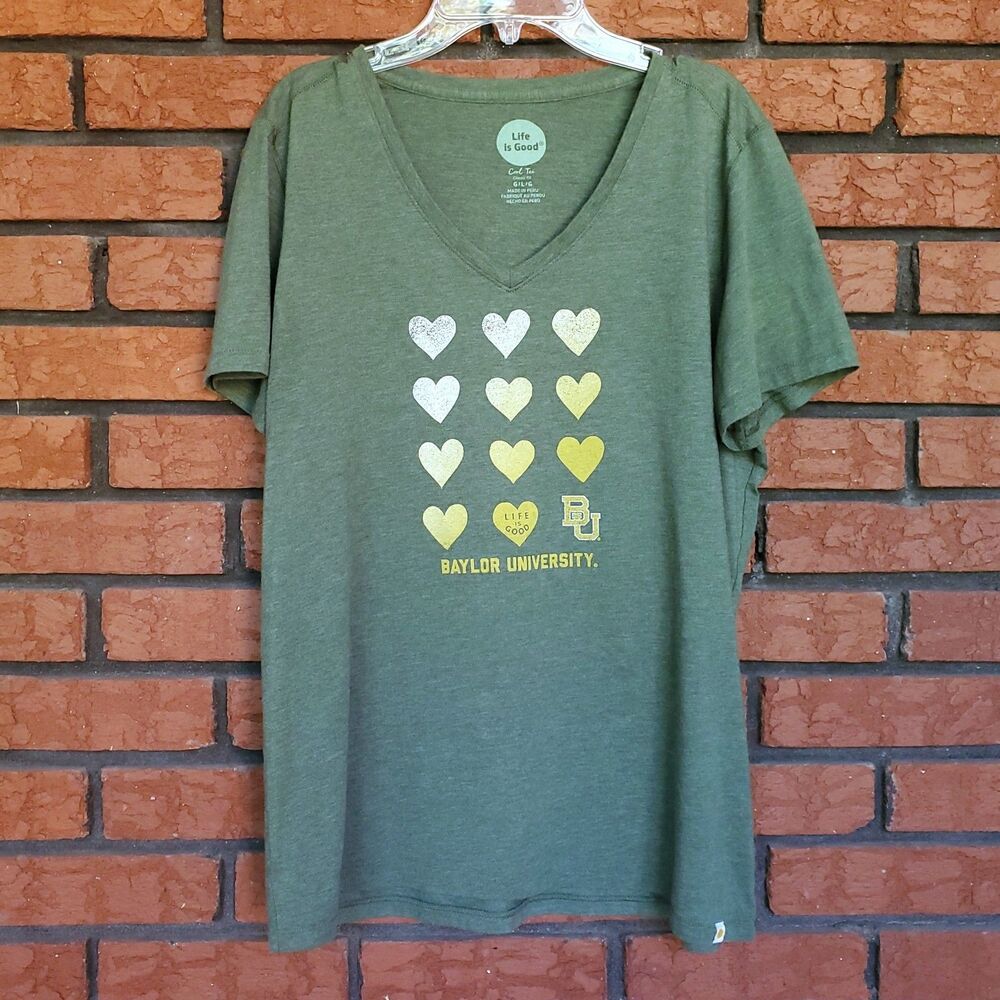 Baylor University V Neck T Shirt Womens L Life is Good Classic Fit Green Hearts